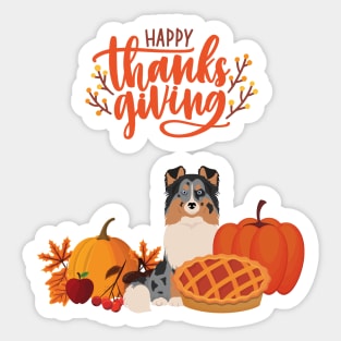 Cute Sheltie with Orange Happy Thanksgiving Sign and Holiday Pie and Pumpkin Sticker